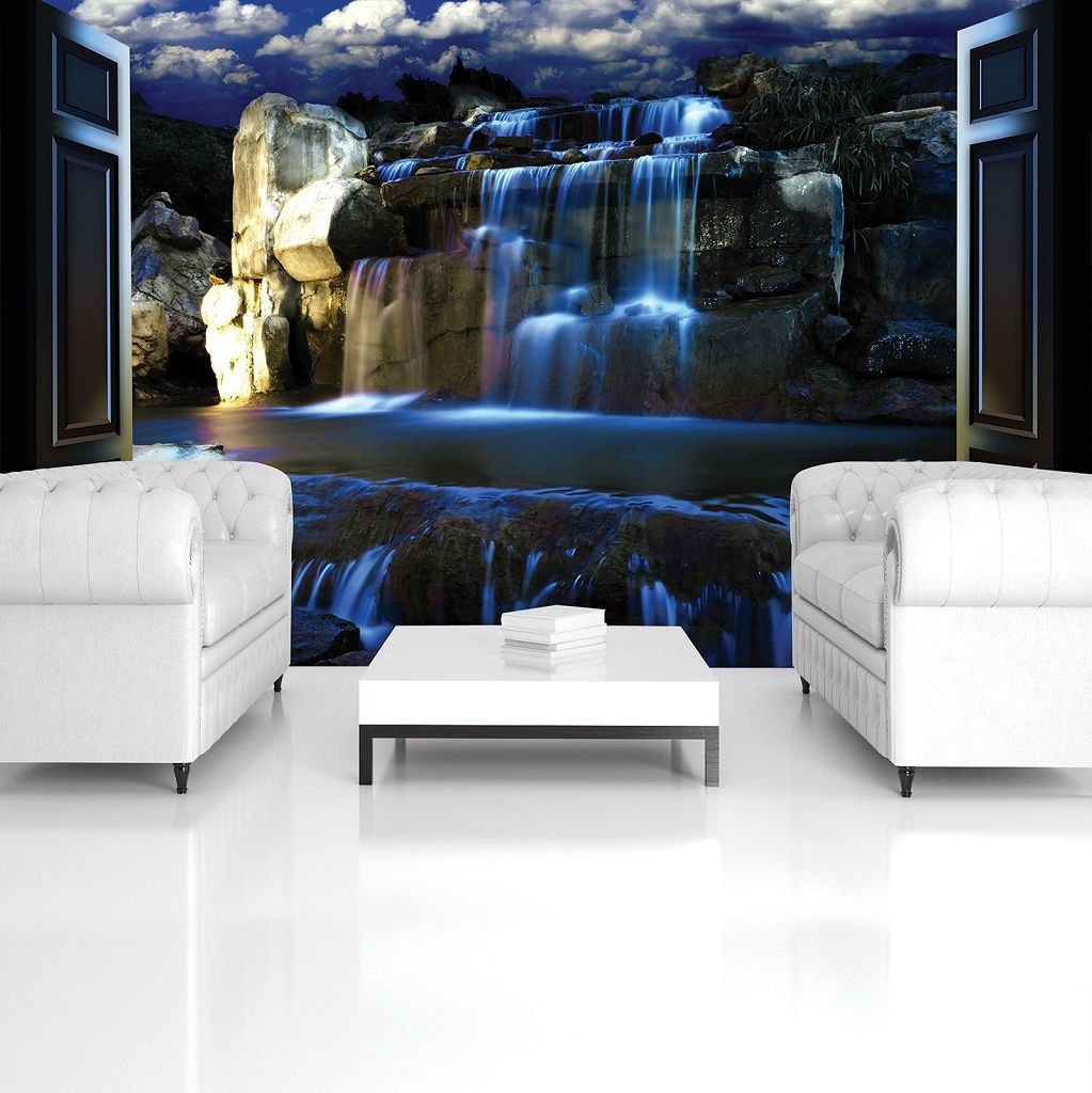 3 д флизелиновые фотообои природа 254x184 см Синий водопад среди скал и дверей (2114V4)+клей