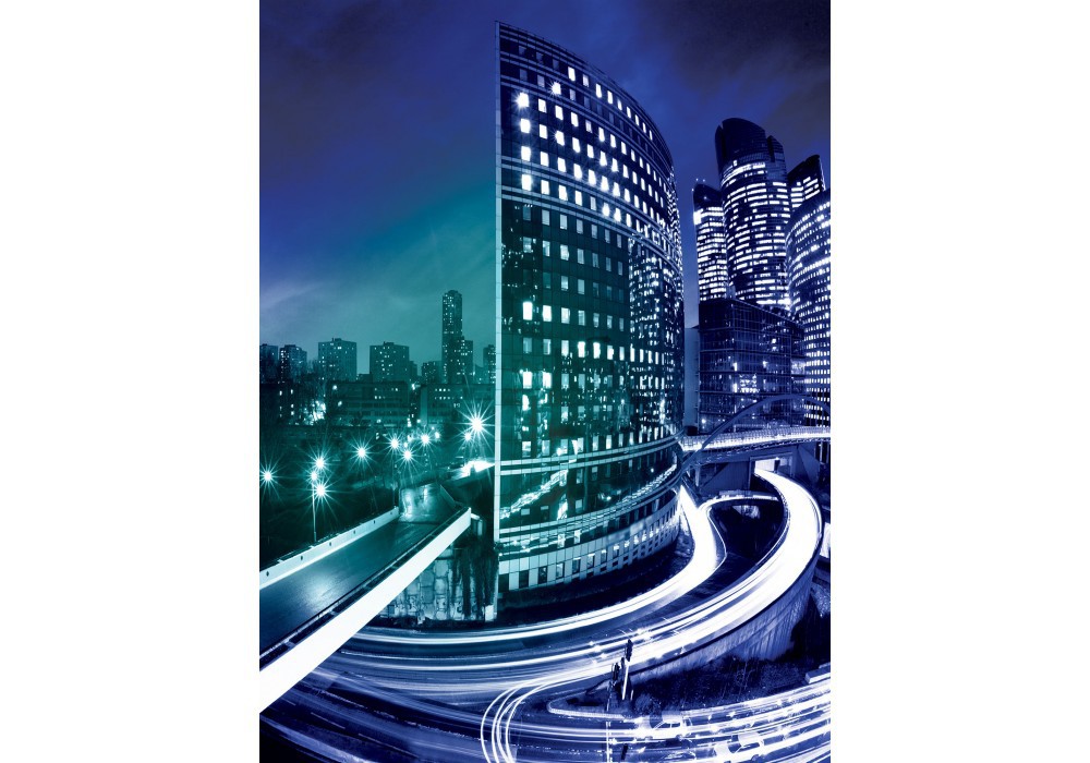 Спальня флизелиновые фотообои 206x275 см город Бостон в синих тонах (215VEA)+клей