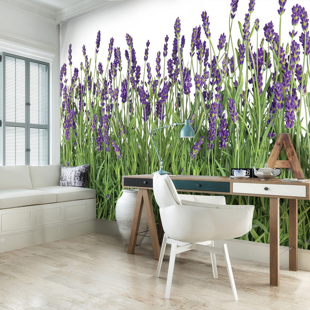 Флізелінові фотошпалери в спальню природа 254x184 см Квітуча лаванда на білому тлі (2174V4)+клей