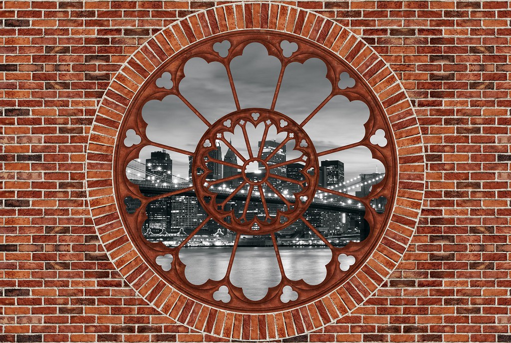 Флизелиновые фотообои красивые 368x254 см Черно-белый Нью-Йорк за окном и кирпичной стеной (2178V8)+клей