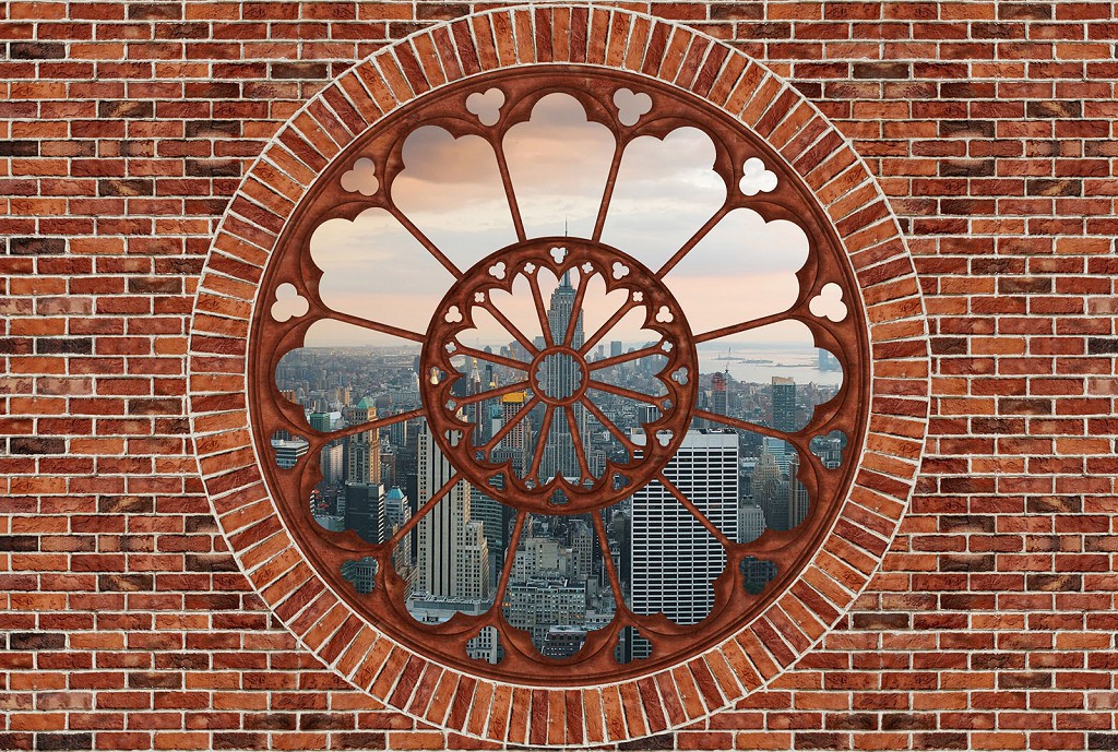 Флизелиновые фотообои в зал 368x254 см Нью-Йорк за окном и кирпичной стеной (2179V8)+клей