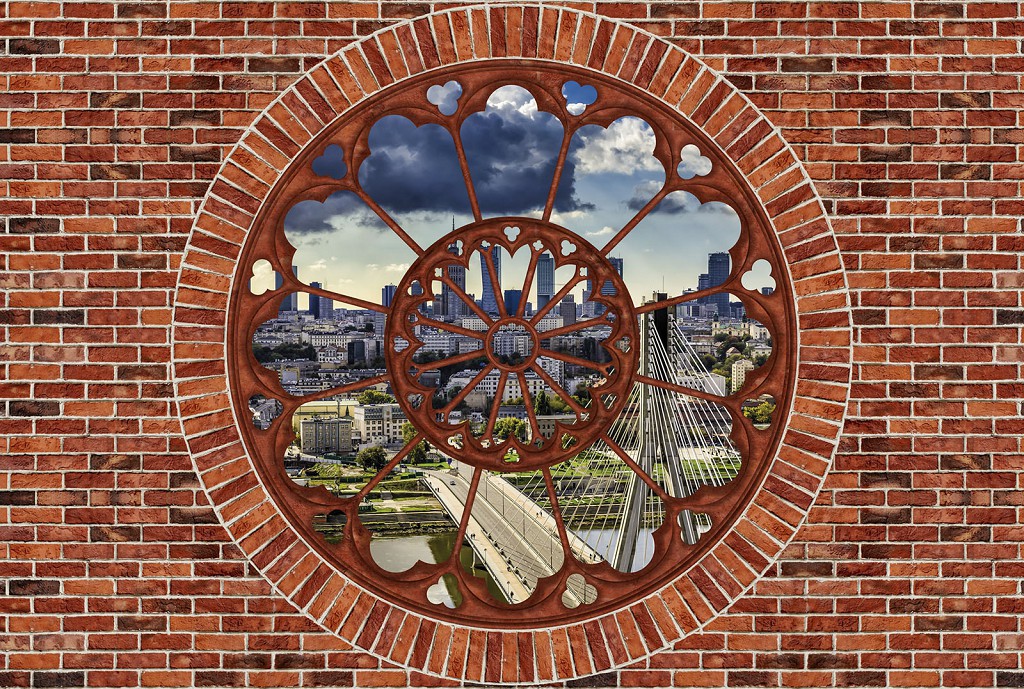 Флизелиновые фотообои на всю стену 254x184 см Город за окном и кирпичной стеной (2182V4)+клей