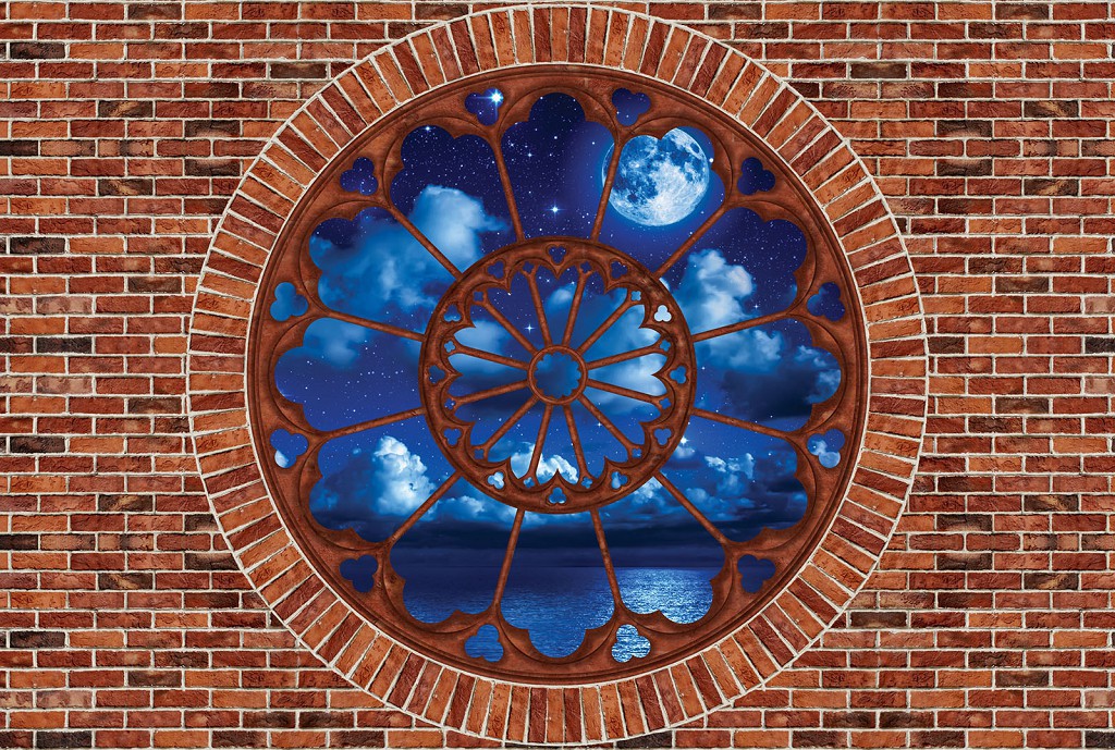 Флизелиновые фотообои для спальни 254x184 см Ночное небо за окном и кирпичной стеной (2183V4)+клей