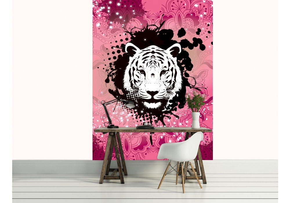Флизелиновые фотообои в зал 184x254 см Черно-белая голова тигра на розовом фоне (2187V4A)+клей