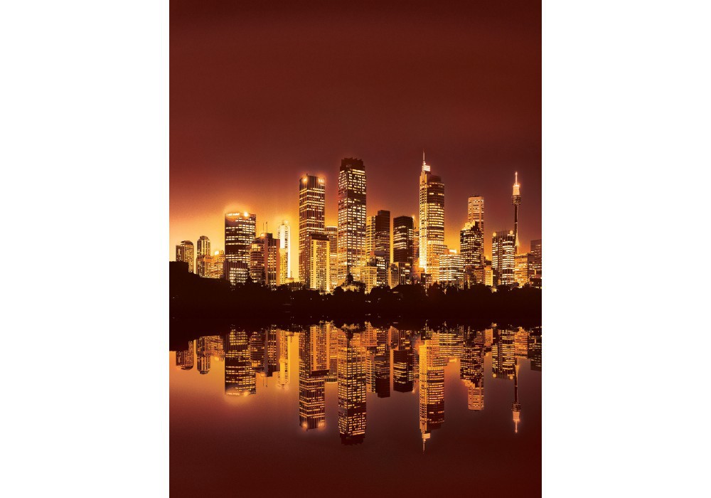 Флізелінові фотошпалери міста фото 206x275 см Відображення хмарочосів на бордовий фон (219VEA)+клей