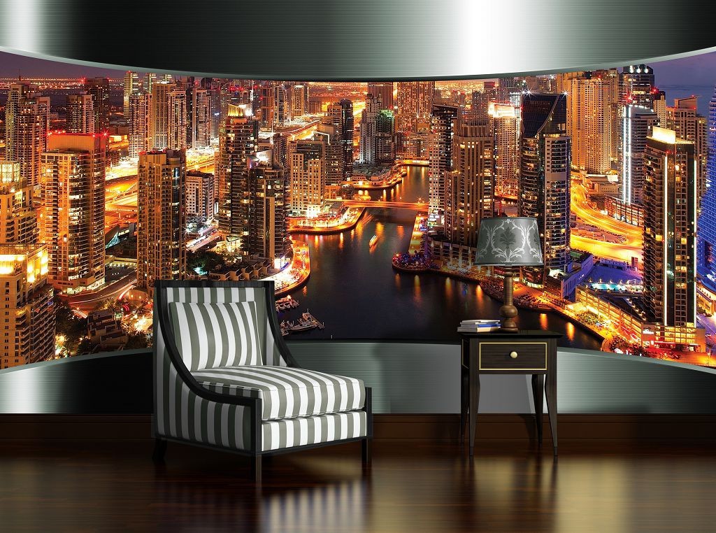 Флізелінові фотошпалери для спальні 416x254 см 3Д Вечірнє місто Дубай (2204VEXXXL)+клей