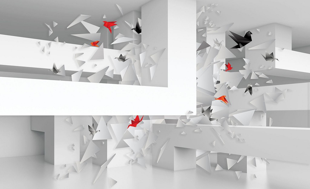 Флізелінові фотошпалери для зали 416x254 см 3Д Орігамі - птахи та геометрія у просторі (2212VEXXXL)+клей