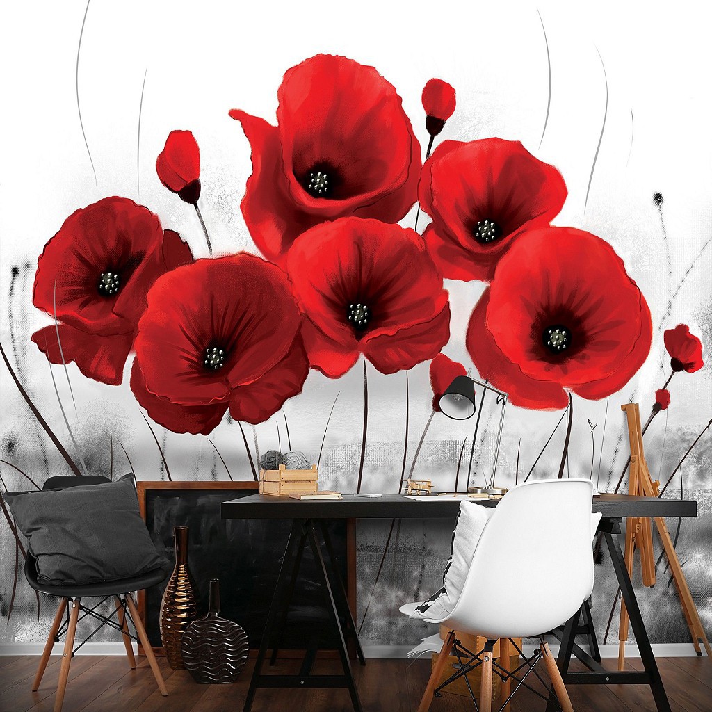 Фото шпалери квіти 368х254 см Червоні маки на чорно-білому тлі (2254P8)+клей