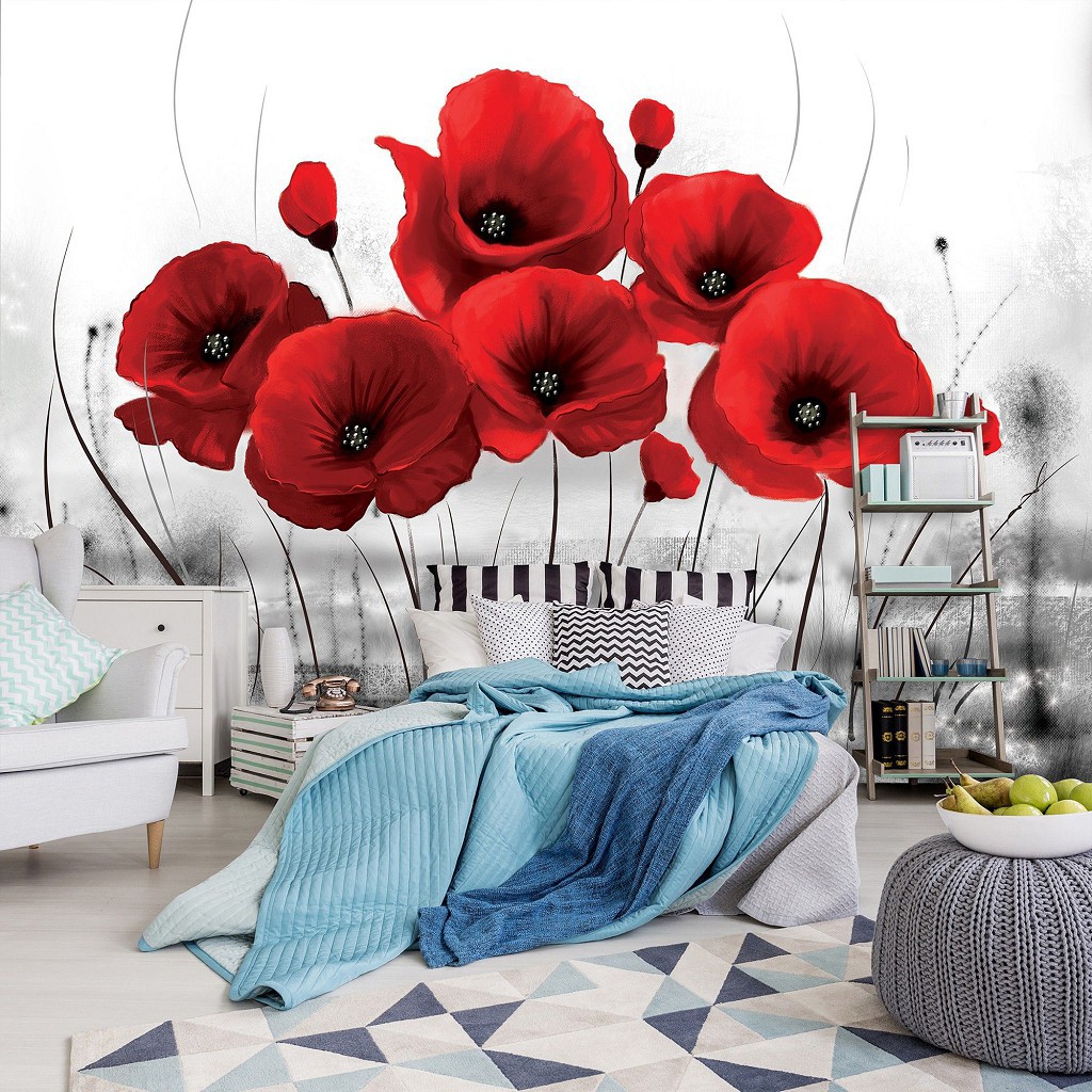 Флізелінові фото шпалери квіти 368х254 см Червоні маки на чорно-білому тлі (2254V8)+клей