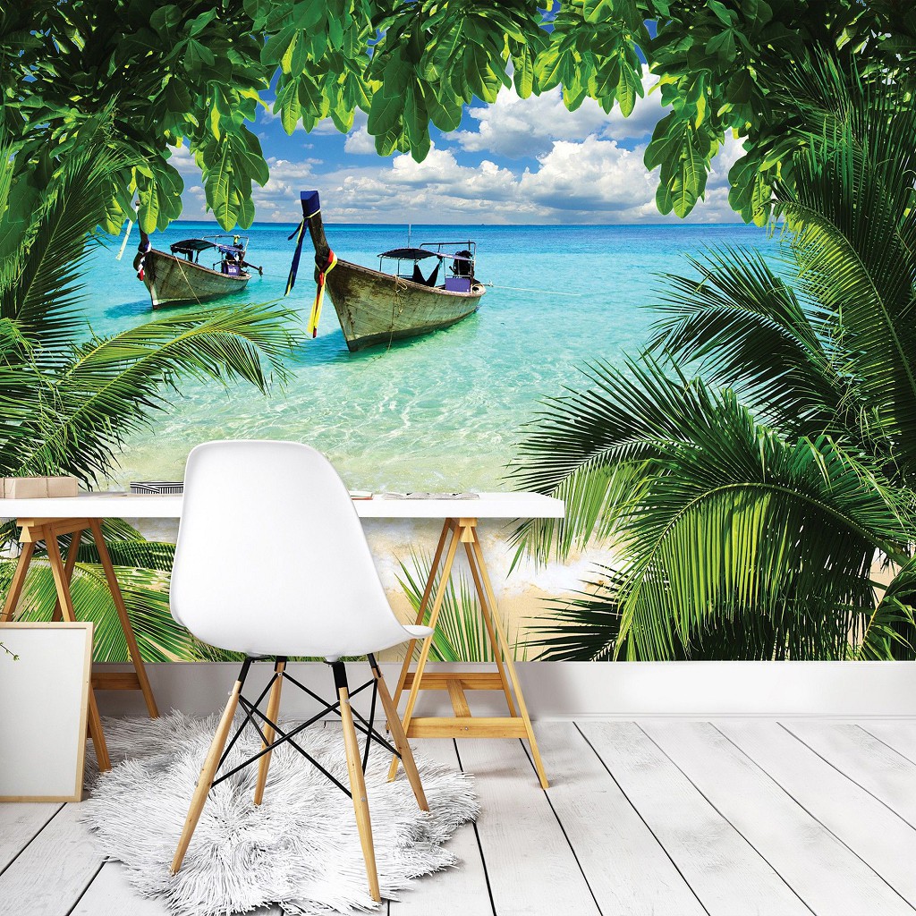 Флизелиновые фото обои море 416x254 см 3Д Лодки в тропических джунглях (225VEXXXL)+клей
