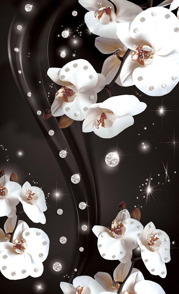 Флизелиновые фотообои в зал цветы 184x254 см 3Д Белые орхидеи и диаманты на черном фоне (2311V4A)+клей