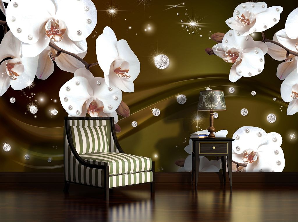 Флизелиновые фотообои в зал цветы 254x184 см 3Д Белые орхидеи и диаманты на темном фоне (2312V4)+клей