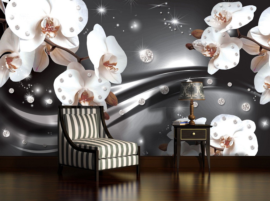 Флизелиновые фотообои на кухню цветы 254х184 см 3Д Белые орхидеи и диаманты на темно-сером фоне (2313V4)+клей