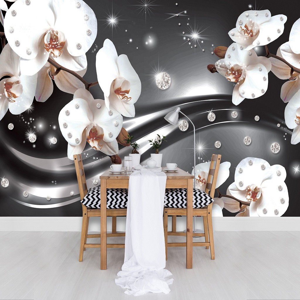 Цветы флизелиновые фотообои 312x219 см 3Д Белые орхидеи и диаманты на темно-сером фоне (2313VEXXL)+клей
