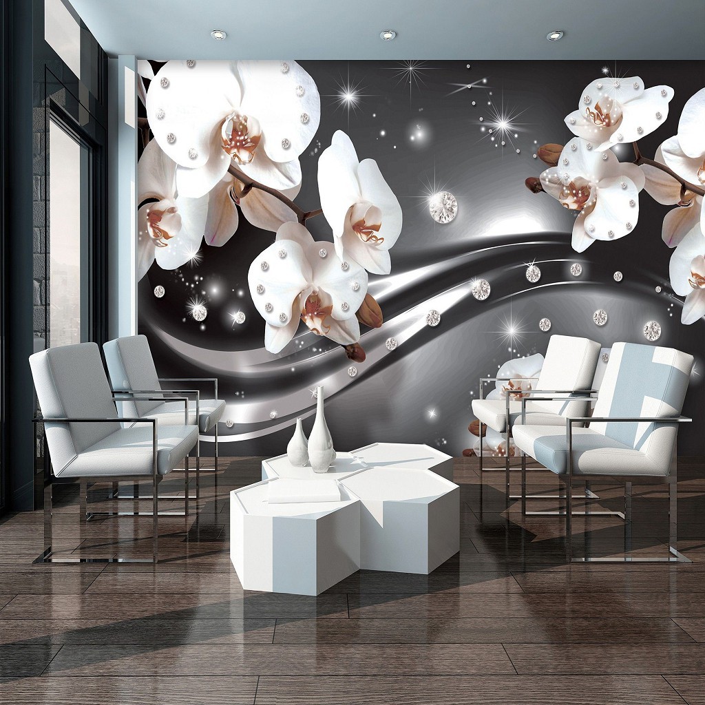 Фото красивых цветов флизелиновые фотообои 416x254 см 3Д Орхидеи и диаманты на темно-сером фоне (2313VEXXXL)+клей