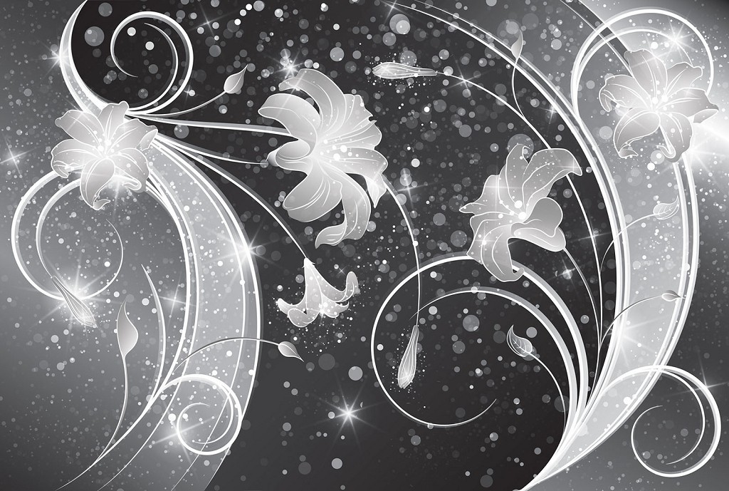 Флизелиновые фотообои абстракция в интерьере 312x219 см Черно-белые цветы на стене (2343VEXXL)+клей