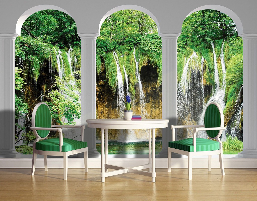 Красивые флизелиновые фотообои на кухню 416x254 см 3Д Лесной водопад за тремя арками (2347VEXXXL)+клей