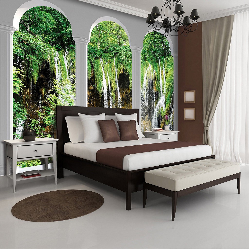 Флизелиновые фотообои природа 254x184 см 3Д Лесной водопад за тремя арками (2347V4)+клей