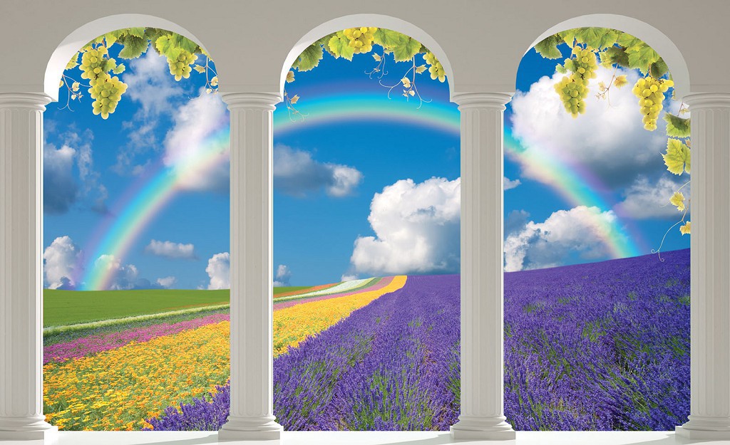 Флизелиновые фотообои 416x254 см 3Д Цветущее поле за тремя арками (2351VEXXXL)+клей