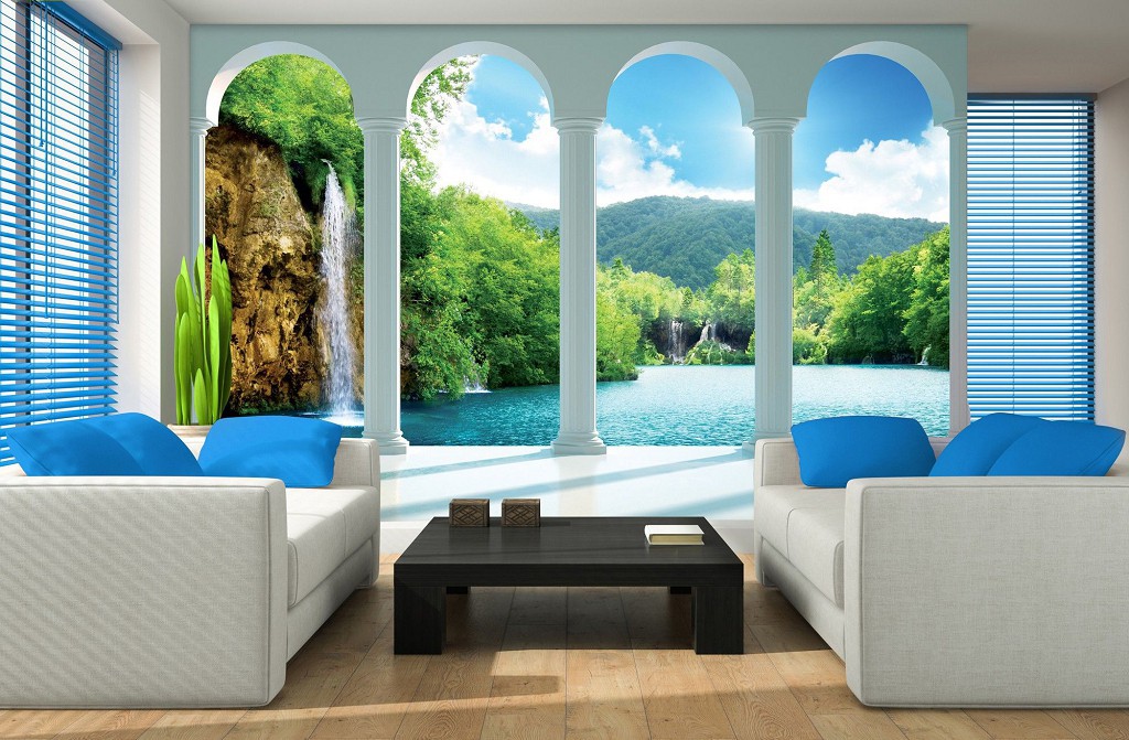 Флізелінові фотошпалери в інтер'єрі спальні 312x219 см 3Д Водоспад за чотирма арками (2353VEXXL)+клей