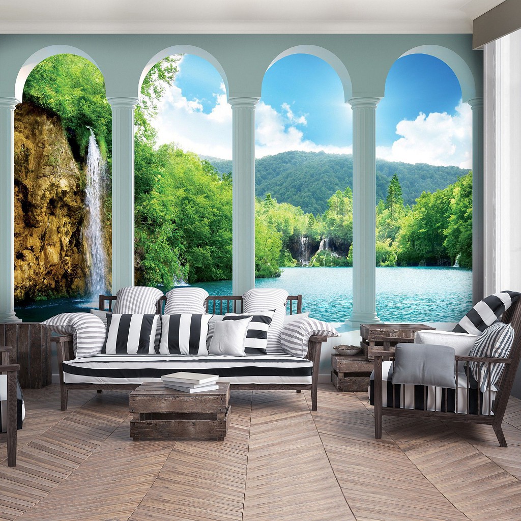 Флизелиновые фото обои 368х254 см Природа лес 3Д Водопад за четырьмя арками (2353V8)+клей