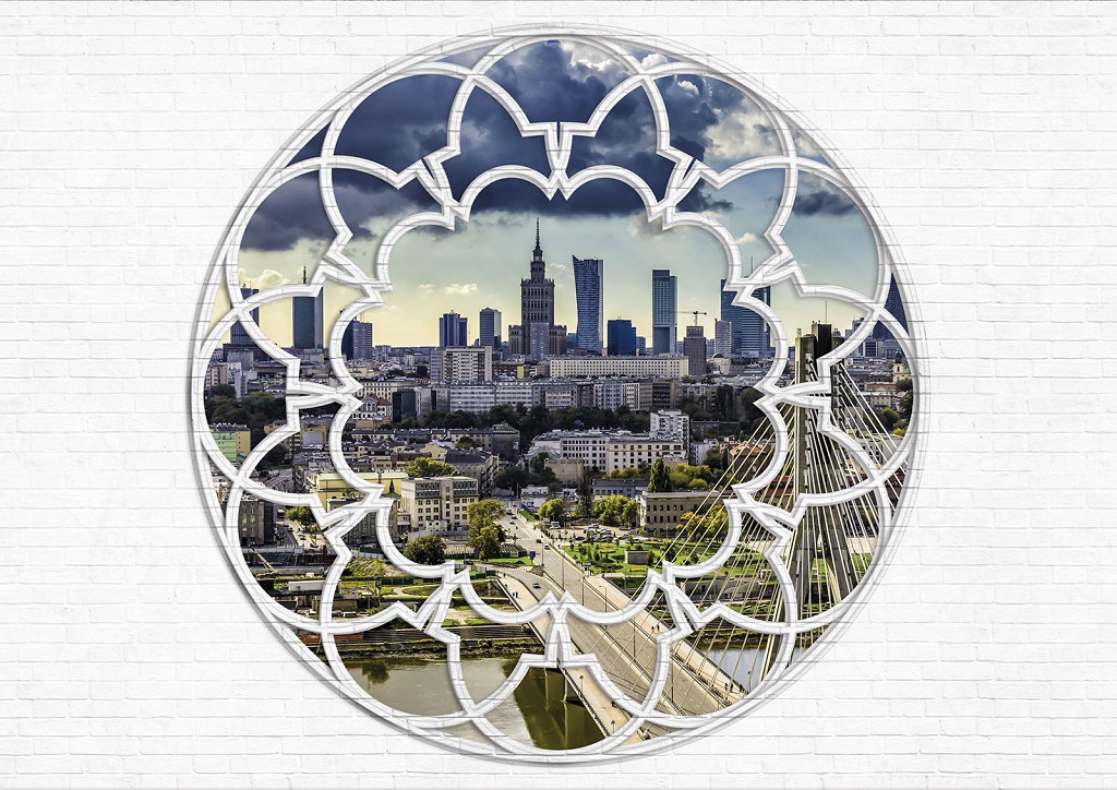 Флізелінові фотошпалери до спальні 312x219 см 3Д місто Варшава за круглим вікном та білою цегляною стіною (2422VEXXL)+клей