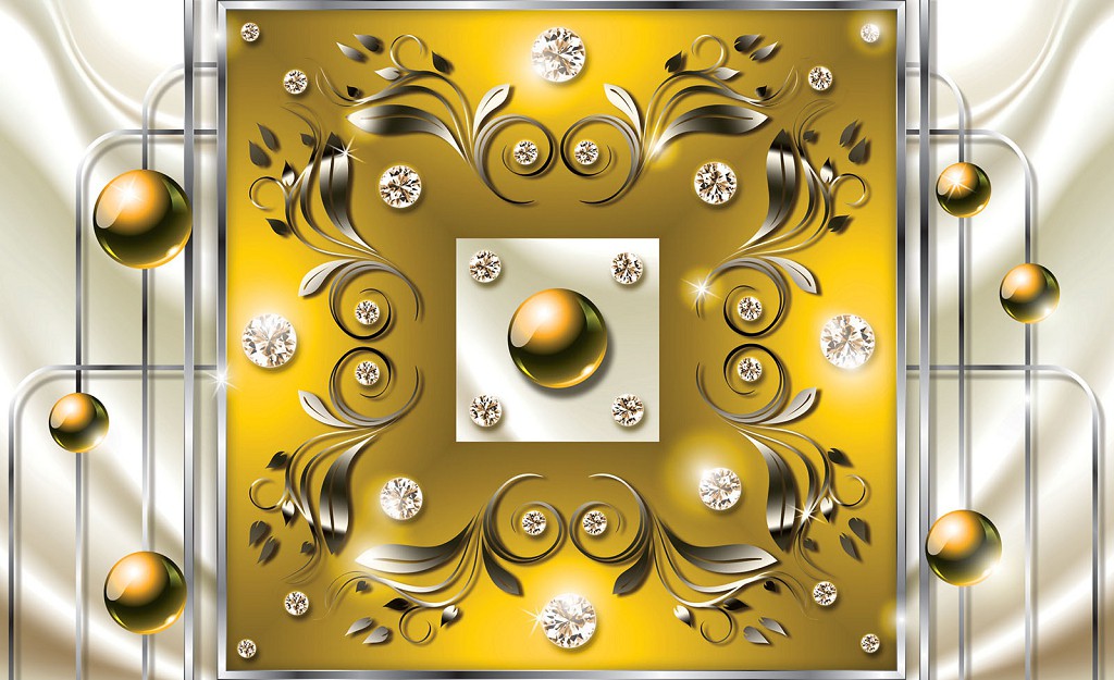 Флизелиновые фотообои в зал 368x254 см Шары и бриллианты на желтом и сером фоне (2439V8)+клей