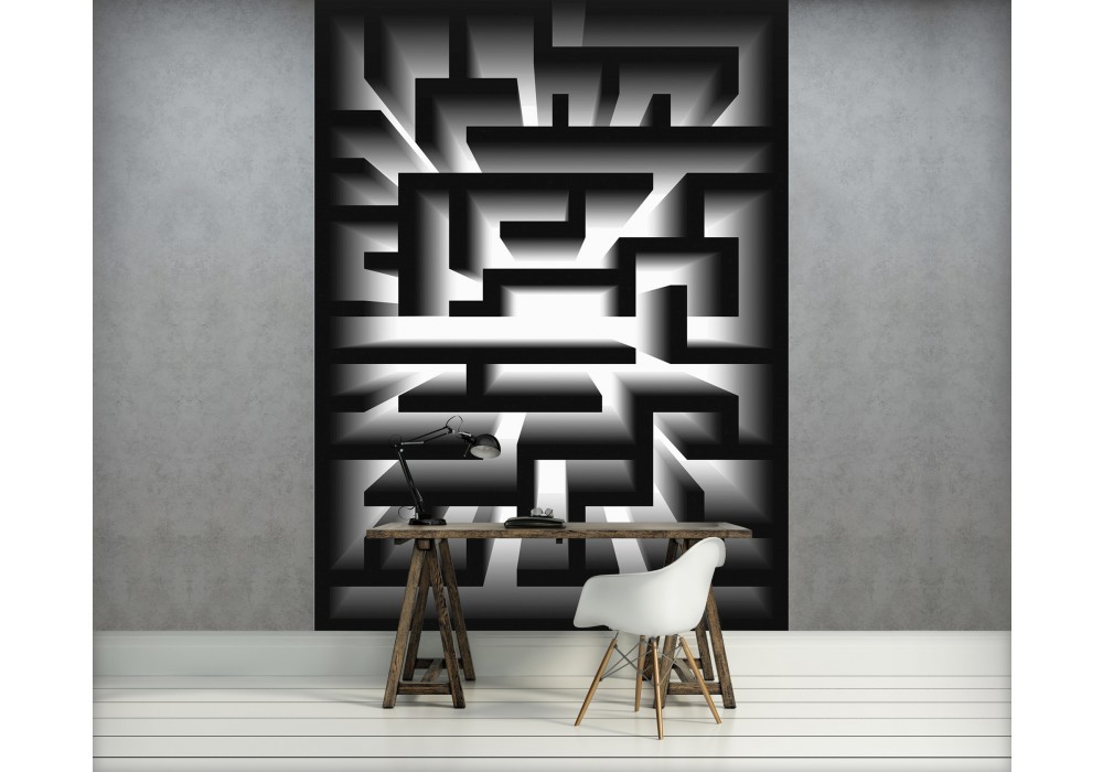 Флізелінові фотошпалери для кухні 206x275 см 3Д Чорно-білий лабіринт (2451VEA)+клей