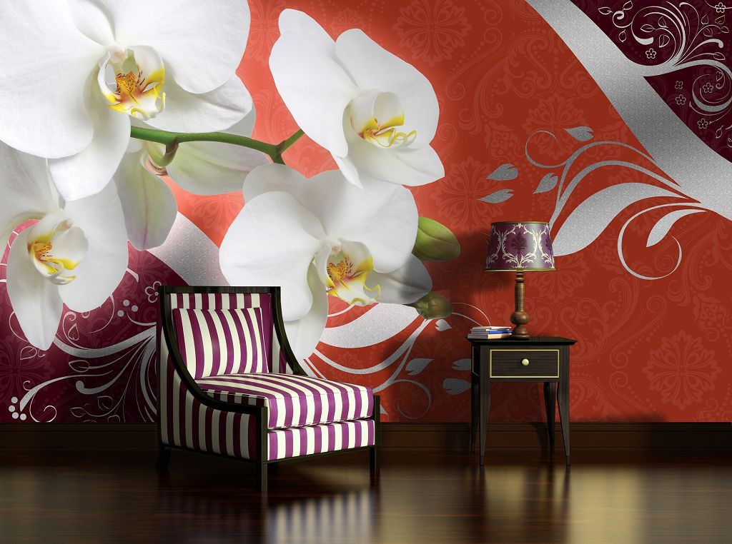 Флізелінові 3Д фотошпалери на всю стіну 416x254 см Білі орхідеї та срібний декор (1821VEXXXL)+клей