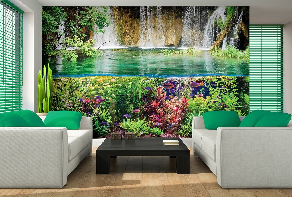 Флизелиновые фотообои 3д Подводный мир Природа 368x254 см Растения Рыбы и Водопад (3226V8)+клей