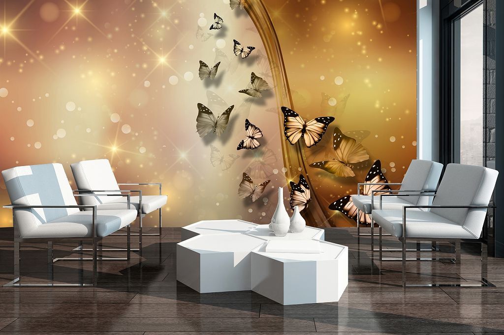 Флізелінові 3д коричневі фотошпалери для кухні 416x254 см Золотий пил та метелики (3705VEXXXL)+клей