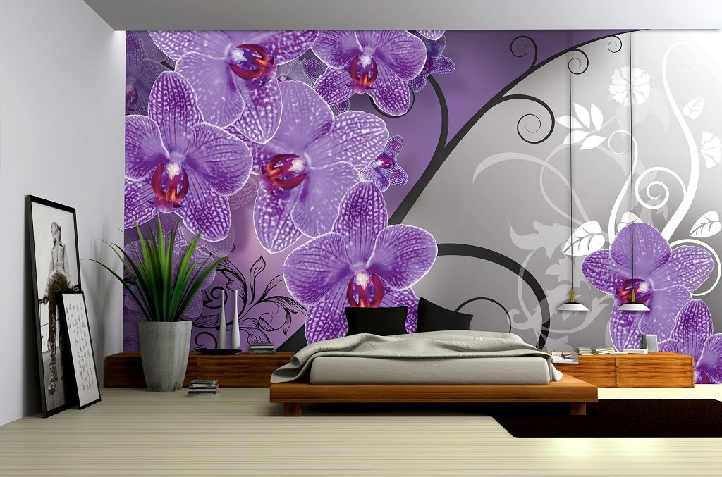 Флизелиновые фотообои в спальню 254x184 см Нарисованные фиолетовые орхидеи (1280V4)+клей