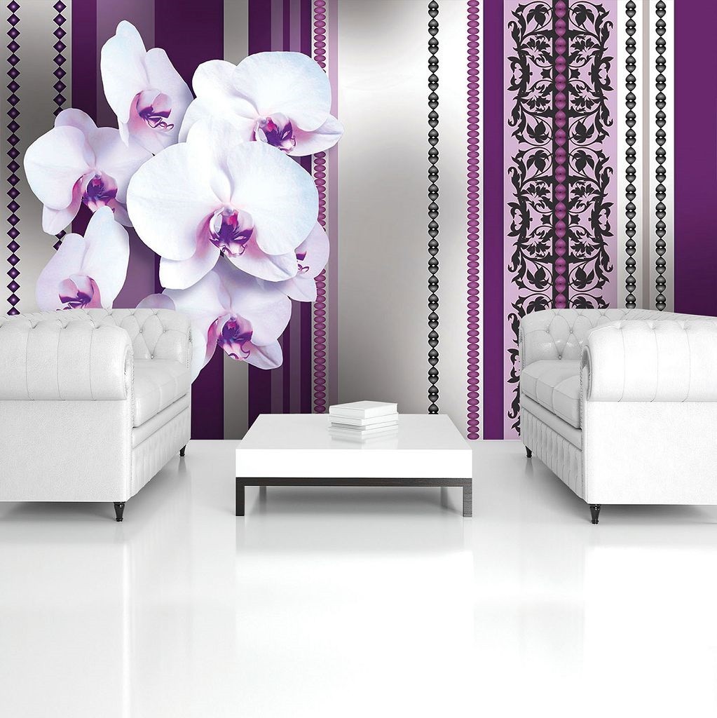 Флізелінові фотошпалери у вітальню 368x254 см Біло-фіолетові орхідеї на смугастому візерунку (1282V8)+клей
