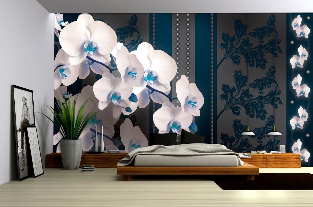Флизелиновые фотообои для гостиной комнаты фото 254x184 см 3Д Орхидеи сине-белые (1301V4)+клей