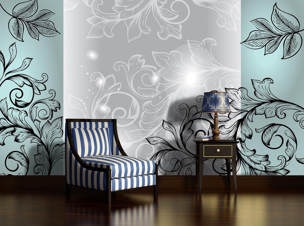 Флізелінові фотошпалери на стіну в залі 416x254 см Листочки на сіро-зеленому тлі (1445VEXXXL)+клей