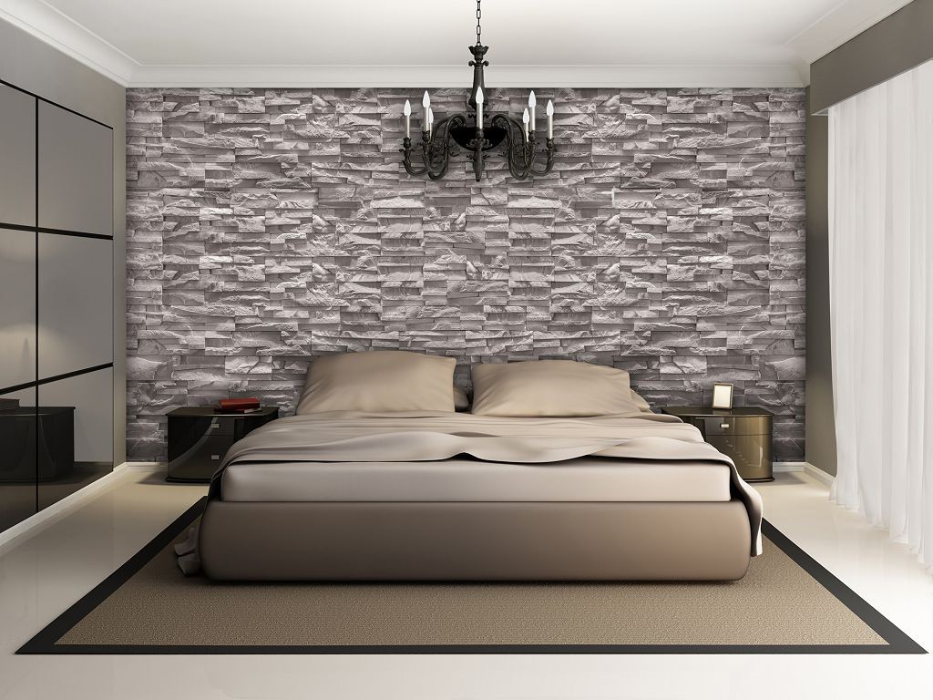 Флізелінові 3Д фотошпалери для спальні 416x254 см Сіра стіна під декоративний камінь (1932VEXXXL)+клей