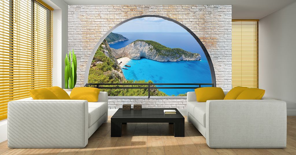 Флизелиновые фотообои фото 3д лазурное море 368x254 см Пляж на острове за кирпичной аркой (3482V8)+клей
