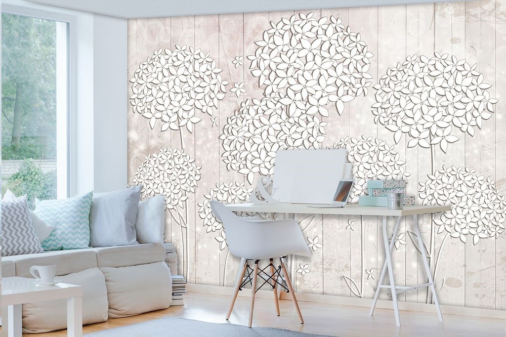 Флизелиновые фотообои искусство 254x184 см Пушистые белые цветы на светлых деревянных досках (3502V4)+клей