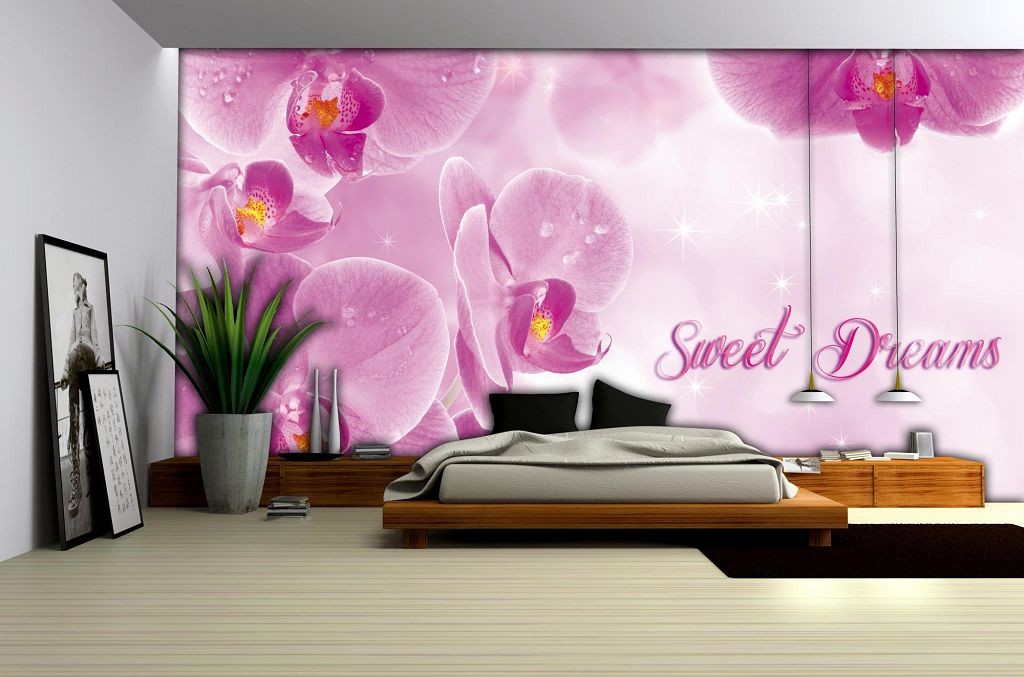 Флизелиновые фотообои в зал фото цветы 312x219 см Розовые орхидеи и надпись Сладкие Мечты (778VEXXL)+клей