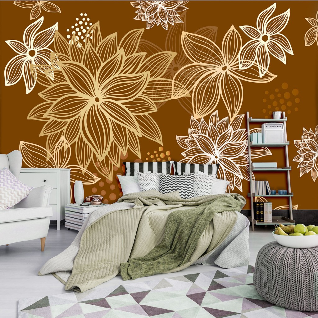 Фото обои в спальню 368х254 см Цветы на коричневом фоне (8-015P8)+клей