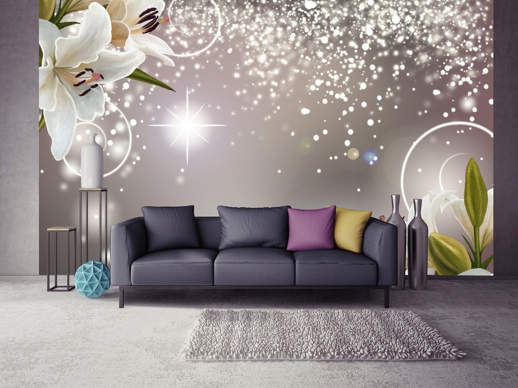 Флізелінові фотошпалери на всю стіну квіти 254x184 см Білі лілії і блиск на сірий фон (3055V4)+клей