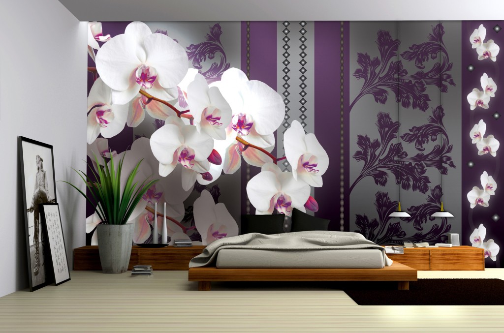 Флізелінові фотошпалери геометричним малюнком 368x254 см 3Д Орхідеї на фіолетовому фоні (1300V8)+клей