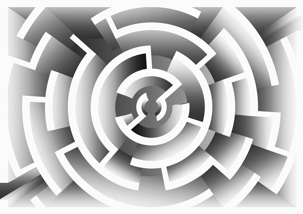 Красивые флизелиновые фотообои на кухню 254x184 см 3Д Черно-белый круглый лабиринт (2452V4)+клей