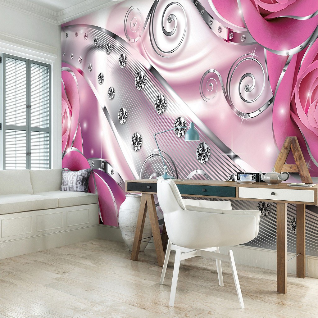 Флизелиновые фотообои цветы в интерьере спальни 254х184 см 3Д Бутоны розовых роз - бриллианты и вензеля 2494V4+клей