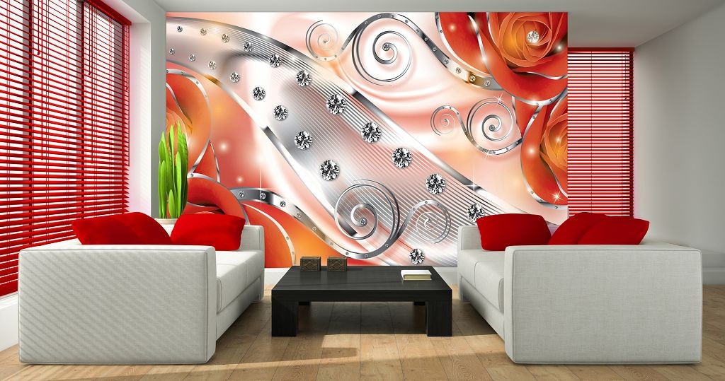 Цветы флизелиновые фотообои 312x219 см 3Д Бутоны красных роз - бриллианты и вензеля (2495VEXXL)+клей