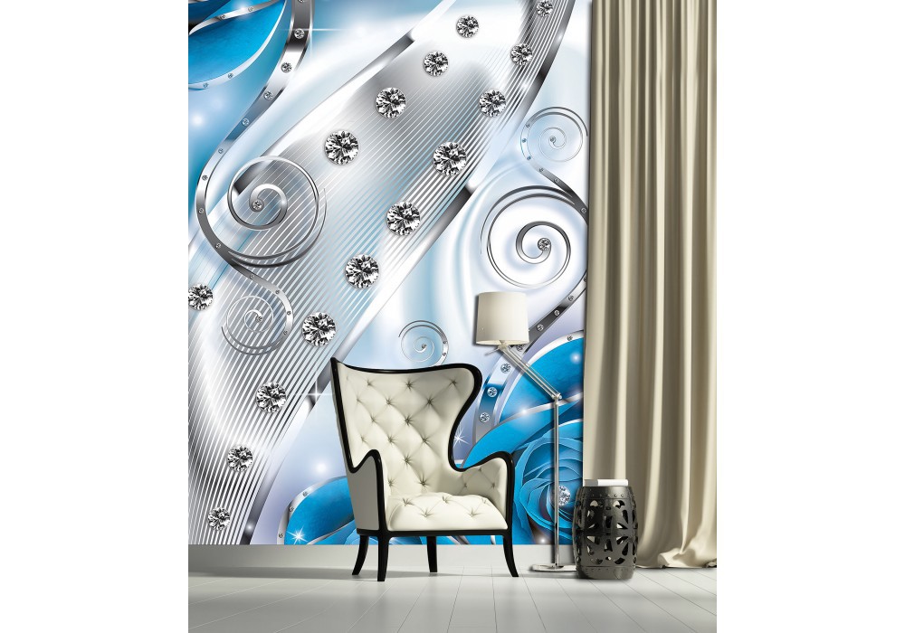 Флізелінові фотошпалери для спальні квіти 206x275 см 3Д Бутони синіх троянд - діаманти та вензеля (2496VEA)+клей