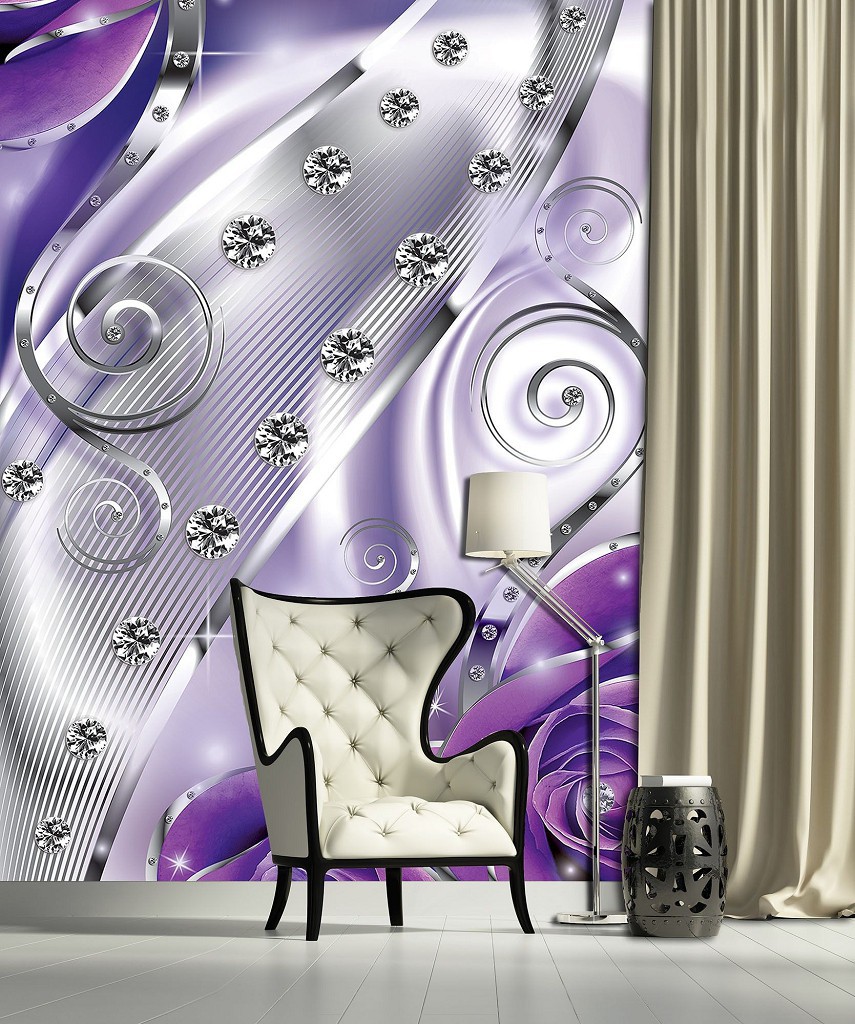 Абстракция флизелиновые фотообои на стену 206x275 см 3Д Бутоны фиолетовых роз - бриллианты и вензеля (2497VEA)+клей