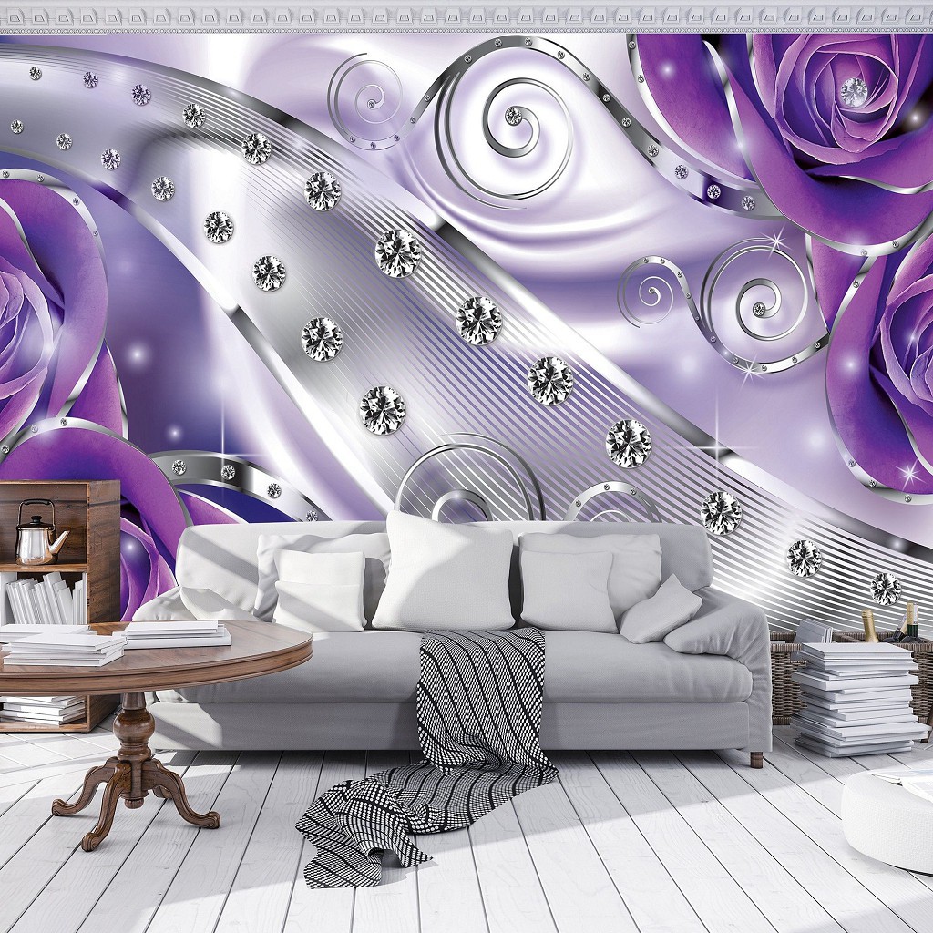 Флизелиновые фотообои цветы 254x184 см 3Д Бутоны фиолетовых роз - бриллианты и вензеля (2497V4)+клей