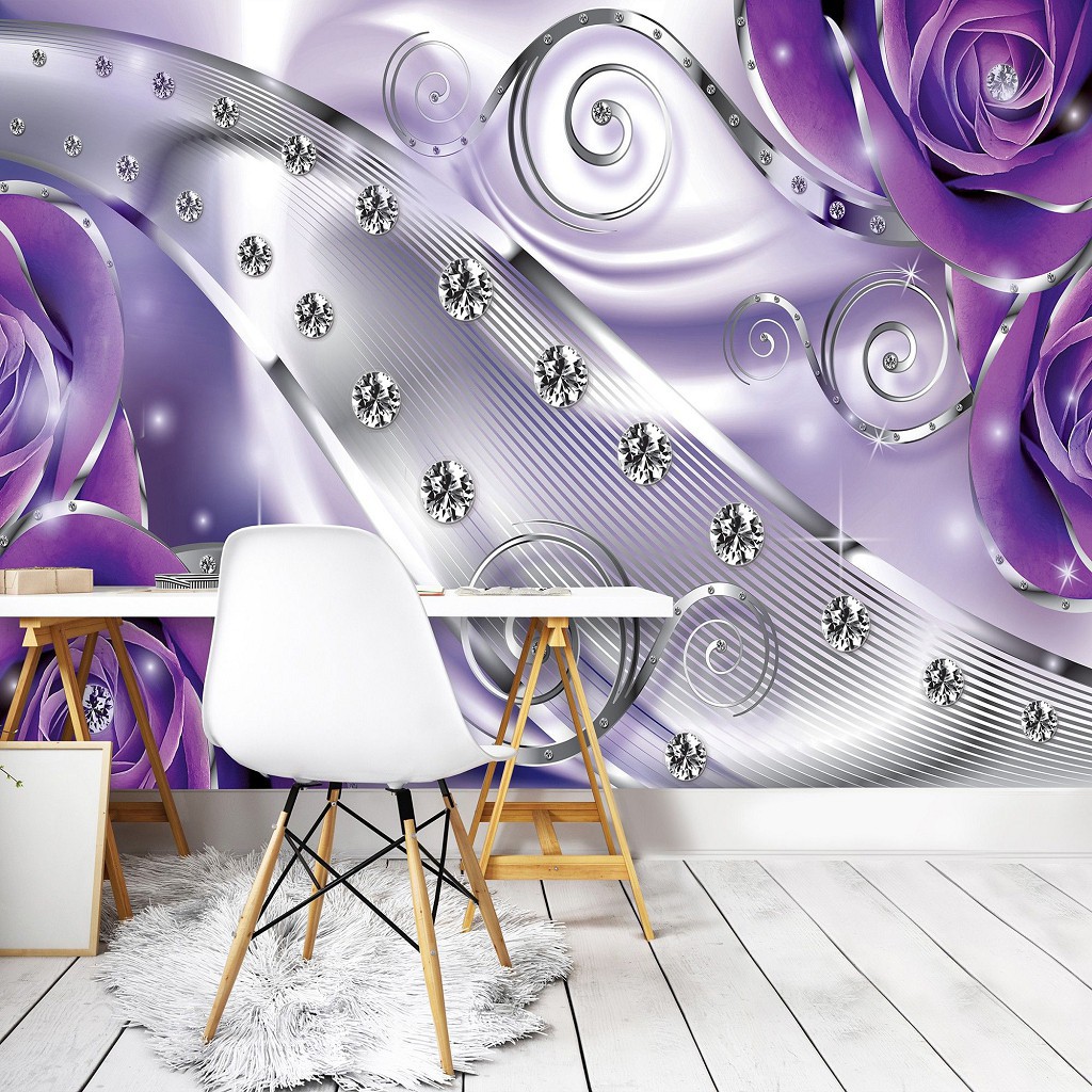 Флізелінові фото шпалери квіти 312x219 см 3Д Бутони фіолетових троянд - діаманти та вензелі (2497VEXXL)+клей