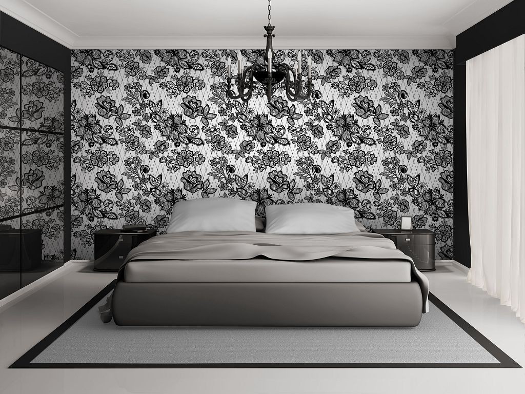 Флізелінові фотошпалери на стіну 312x219 см Біло-чорна вишивка квітами (2528VEXXL)+клей